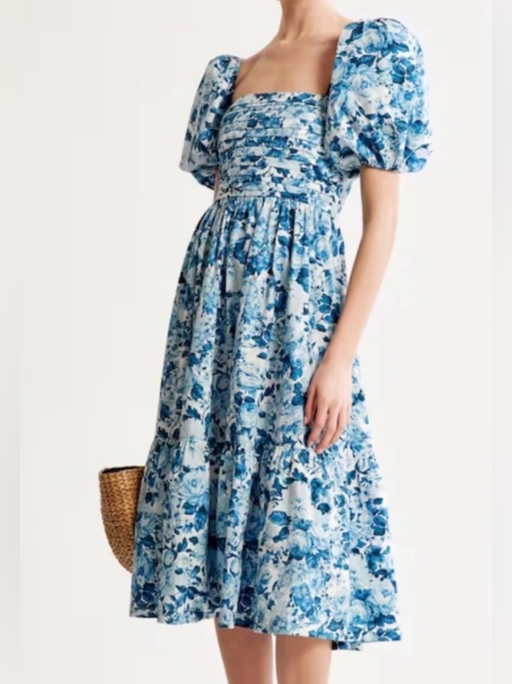 Abercrombie & Fitch Floral Blue Emerson midi Dress square neck puff sleeve M